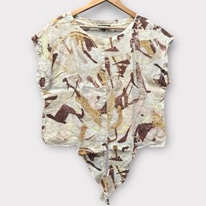 Cream and‎ Brown Asymmetrical Tie Front Short Sleeve Tee Linen Summer Boho Sz L